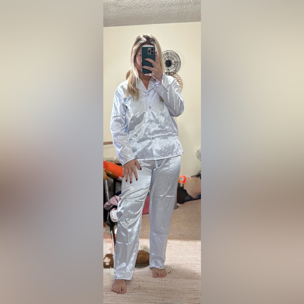 Shiny Silver Pajama Set in Blue & White stipe by Tesoro